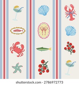 Seamless coastal stripe pattern featuring red lobsters, blue seashells, and smallnautical floral motifs arranged in vertical bands, hand-drawn vintage seasideillustration style, soft pastel color palette with coral red, dusty blue, blush pink, andcream tones, elegant marine-inspired repeating design, whimsical ocean lifepattern, clean vector artwork, sophisticated coastal cottage aesthetic, nauticalwallpaper and textile print, decorative summer seafood motif, ideal for fabric, tablelinens, wallpaper, wrapping paper, kitchen decor, and beach house interiors,seamless repeat surface pattern design.