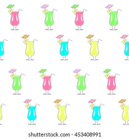 Seamless cocktail glass pattern on white background. Outlined colorful summer drinks with straw, umbrella and carambola.