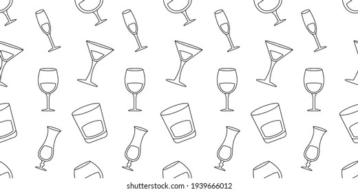 Seamless cocktail glasses pattern. Vector cocktail background. Linear cocktails on a white background.