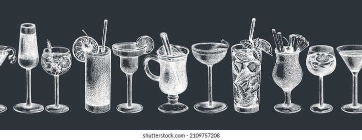 Seamless cocktail glasses ribbon design. Hand-sketched alcoholic drinks in elegant glassware. Popular alcohol cocktails drawings on chalkboard. Perfect banner design for pub, bar, or restaurant menu