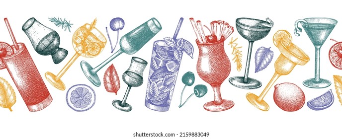 Seamless cocktail glasses ribbon design. Hand-sketched alcoholic drinks in elegant glassware. Popular alcohol cocktails drawings in color. Perfect banner design for pub, bar, or restaurant menu