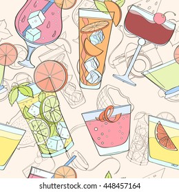 Seamless cocktail pattern can be used for wallpaper, website background, wrapping paper. Summer cocktail natural bright pattern. Summer design. Food concept.