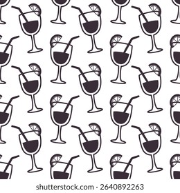 Seamless Cocktail Pattern with Citrus and Straws Summer Drink Background in Outline Style