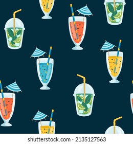 Seamless cocktail pattern. color background with juice, cocktails, and fruits mojito. summer pattern