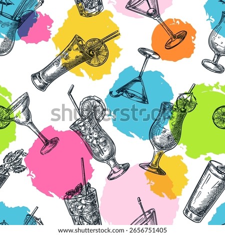 Seamless cocktail pattern with hand drawn drinks and watercolor splashes. Vector background for bar menu, party invitation, wrapping paper, textile print, summer design and festive decoration