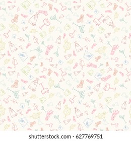 Seamless Cocktail Pattern. Summer Alcohol Drink Card Can Be Used For Wallpaper, Website Background, Wrapping Paper. Hand Drawn Illustration Of Different Beverages On Light Background