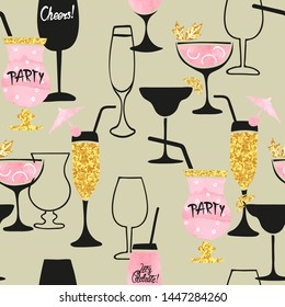 Seamless cocktail pattern. Vector alcohol background with wine glasses.