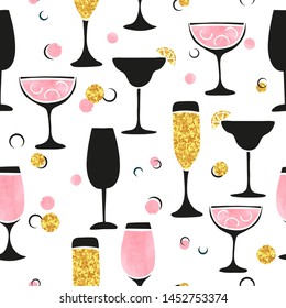 Seamless Cocktail Pattern. Vector Alcohol Background With Glasses.	