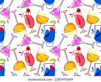 Seamless cocktails Pattern. Tasty alcoholic cocktails. Various colored drinks. Bright Mixed drinks. Repeated linear sketch vector illustration for wallpaper, textile, wrapping, scrapbooking.