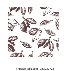 Seamless cocoa beans and leaves pattern. Vector ink sketch.