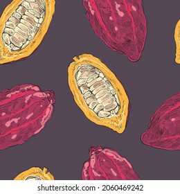 Los granos de cacao sin soldadura adornan los antecedentes de los patrones. Diseño de plantillas de fondo de escritorio. Ilustración vectorial dibujada a mano.