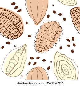 Seamless cocoa fruit pattern in Scandinavian style, minimal hand drawn design