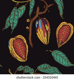Seamless cocoa pattern on black background in vector