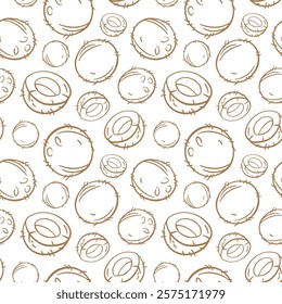 Seamless coconut line art pattern, brown outlines on white background.