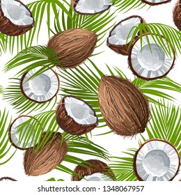 Seamless coconut pattern with green leaf. Natural fruit. Ornament of coconut fruits and palm leaves