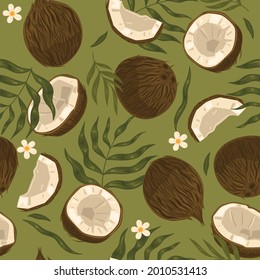 Seamless coconut pattern with leaves and flowers. Vector graphics.