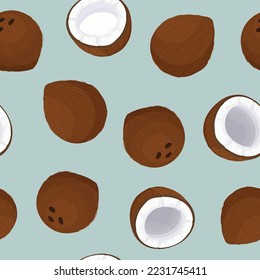 Seamless coconut pattern on pale blue. Cutaway coconut fruit. Coconut product packaging pattern