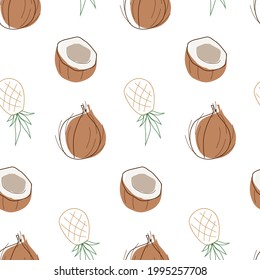 Seamless coconut and pineapple pattern in line style