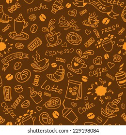 Seamless coffee background. Bakery products. Doodles pattern.