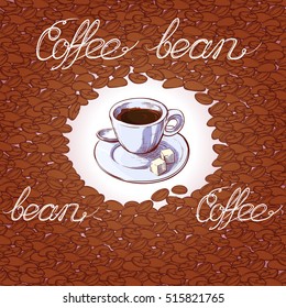 Seamless coffee background with coffee beans and espresso cup with two sugar cubes on saucer. Hand drawn illustration in sketch style. Hand written calligraphic sign. EPS10 vector illustration