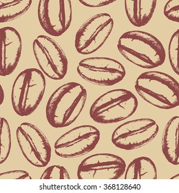 Seamless coffee background with  coffee beans. Hand drawn illustration in sketch style.