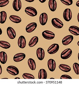 Seamless coffee background with  coffee beans. Hand drawn illustration in sketch style.