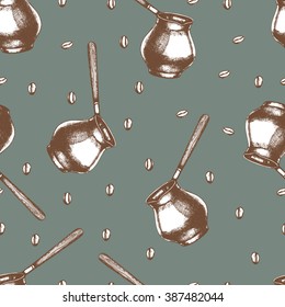 Seamless coffee background with coffee beans. Hand drawn illustration in sketch style.