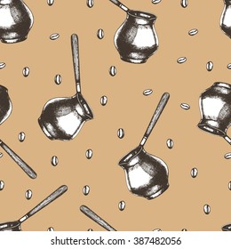 Seamless coffee background with coffee beans. Hand drawn illustration in sketch style.