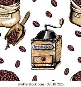 Seamless coffee background with  coffee beans, package of coffee and vintage coffee mill. Hand drawn illustration in sketch style.