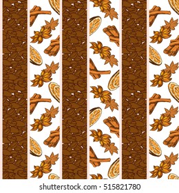Seamless coffee background with coffee beans and seasoning. Hand drawn illustration in sketch style. EPS10 vector illustration