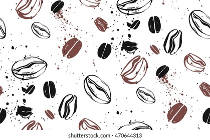 Seamless coffee background with coffee beans and splash. Hand drawn abstract textured vector illustration in sketch style.