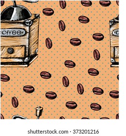 Seamless coffee background with coffee beans, vintage coffee mill. Hand drawn illustration in sketch style.
