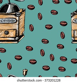 Seamless coffee background with coffee beans, vintage coffee mill. Hand drawn illustration in sketch style.