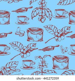 Seamless coffee background with branch of coffee, coffee bag and coffee beans. Hand drawn illustration in sketch style. Ink vector illustration.