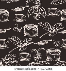 Seamless coffee background with branch of coffee, coffee bag and coffee beans. Hand drawn illustration in sketch style. Ink vector illustration.