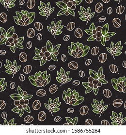 Seamless coffee background with branch of coffee and coffee beans. Hand drawn illustration in sketch style. Coffee seed, bean, composition of beans and leaves, seeds on a branch in pattern with