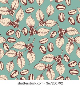 Seamless coffee background with branch of coffee and coffee beans. Hand drawn illustration in sketch style.
