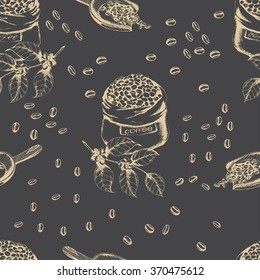 Seamless coffee background with  branch of coffee, coffee beans, package of coffee. Hand drawn illustration in sketch style.