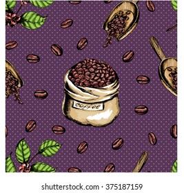 Seamless coffee background with  branch of coffee, coffee beans, package of coffee. Hand drawn illustration in sketch style.