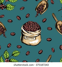 Seamless coffee background with  branch of coffee, coffee beans, package of coffee. Hand drawn illustration in sketch style.