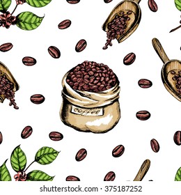 Seamless coffee background with  branch of coffee, coffee beans, package of coffee. Hand drawn illustration in sketch style.