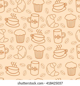 Seamless coffee background with branch of coffee and coffee beans. Hand drawn illustration