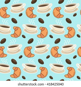 Seamless coffee background with branch of coffee and coffee beans. Hand drawn illustration