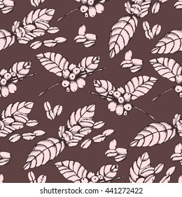 Seamless coffee background with branch of coffee and coffee beans. Hand drawn illustration in sketch style. Ink vector illustration.
