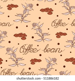 Seamless coffee background with branch of coffee and coffee beans. Hand drawn illustration in sketch style. EPS10 vector illustration