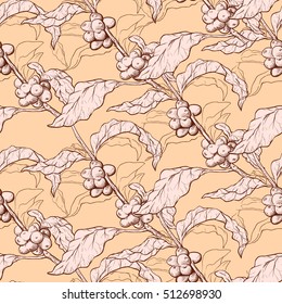 Seamless coffee background with branch of coffee and coffee beans. Hand drawn illustration in sketch style. EPS10 vector illustration