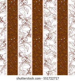 Seamless coffee background with branch of coffee and coffee beans. Hand drawn illustration in sketch style. EPS10 vector illustration