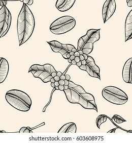Seamless coffee background with branch of coffee and coffee beans. Hand drawn illustration in sketch style.