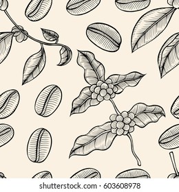 Seamless coffee background with branch of coffee and coffee beans. Hand drawn illustration in sketch style.