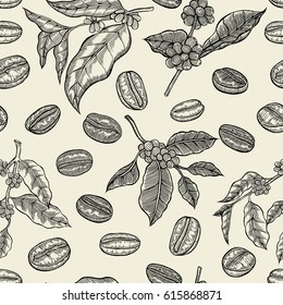 Seamless coffee background with branch of coffee and coffee beans. Hand drawn illustration in sketch style.